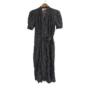 Vtg Polkadot Midi Dress Black Retro 80s Feminine Office Pinup Quirky 14 Petite